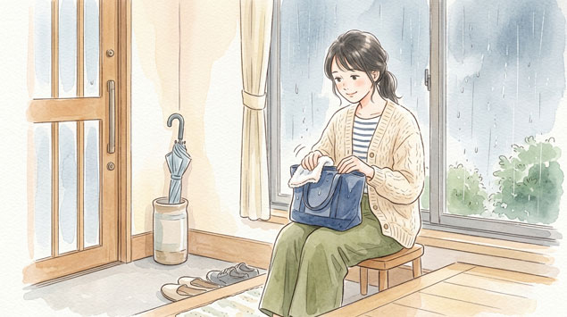 雨上がりにバッグを手入れしている女性のイラスト