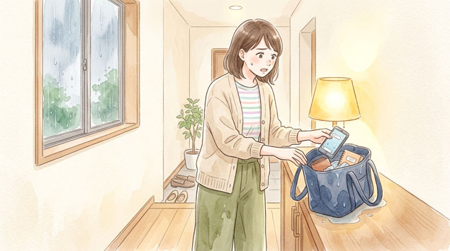 濡れたバッグを見てがっかりする女性のイラスト
