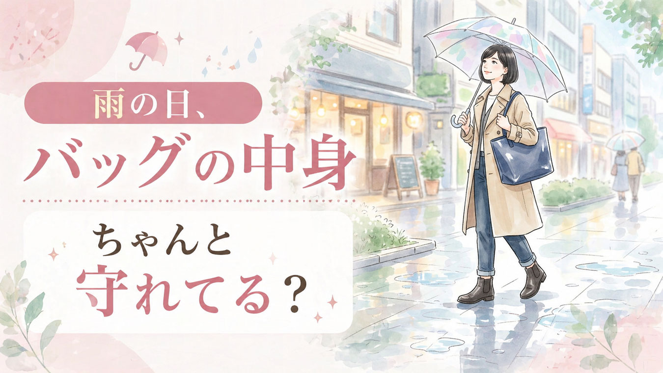 雨の中、防水バッグを持って歩く女性のイラスト