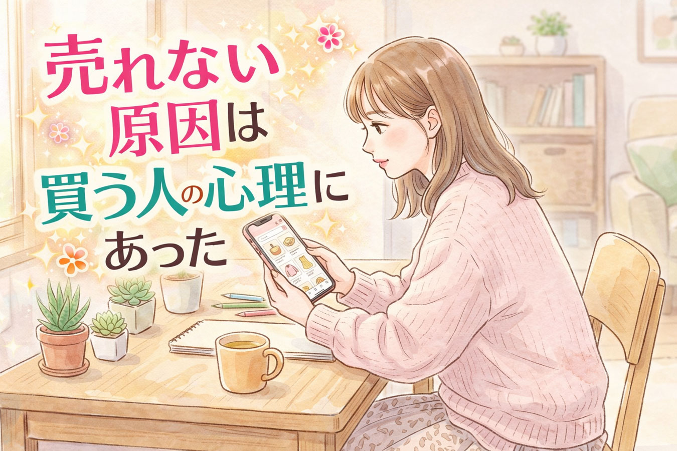 楽天ROOMを眺める女性のイラスト