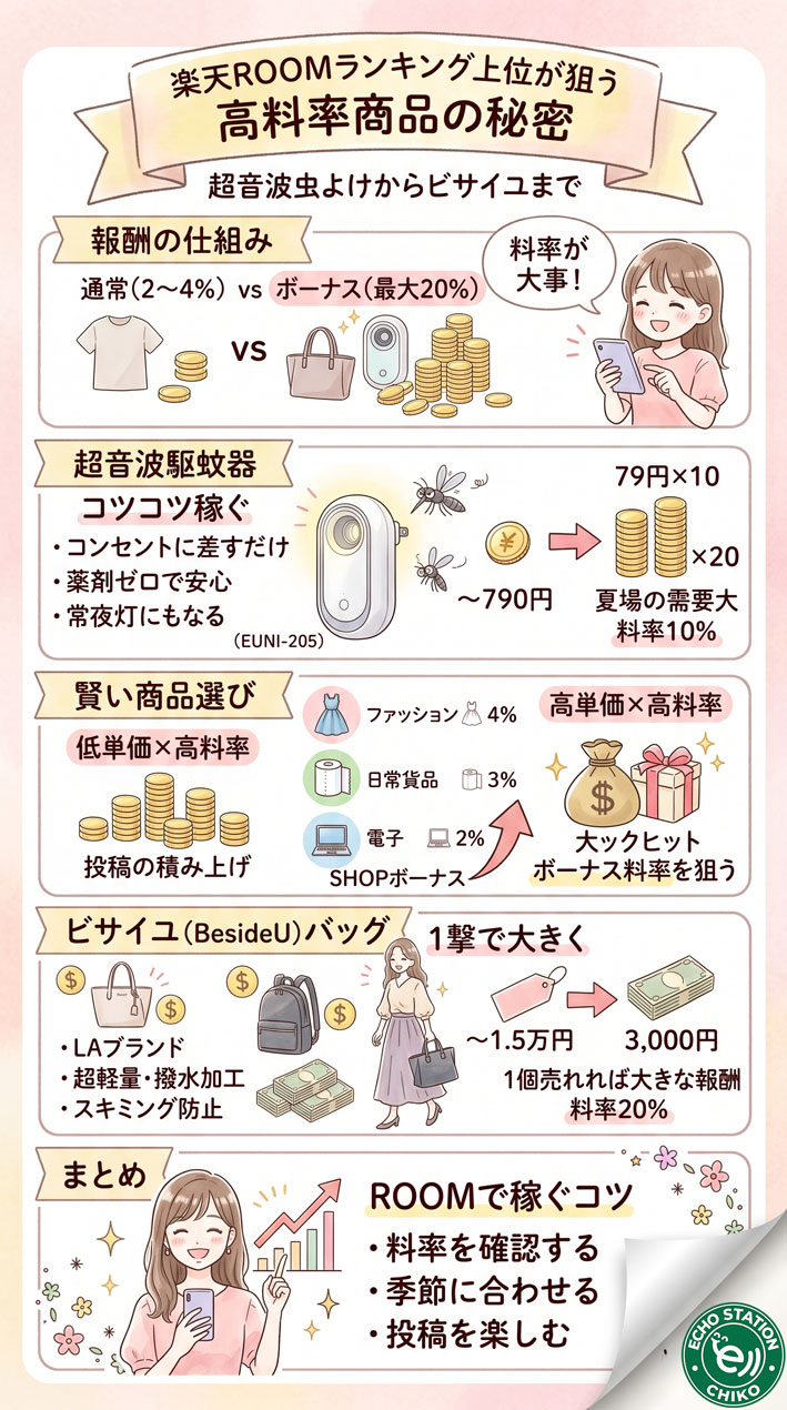 楽天ROOMランキング上位が狙う高料率商品の秘密｜超音波虫よけからビサイユまで徹底紹介 インフォグラフ