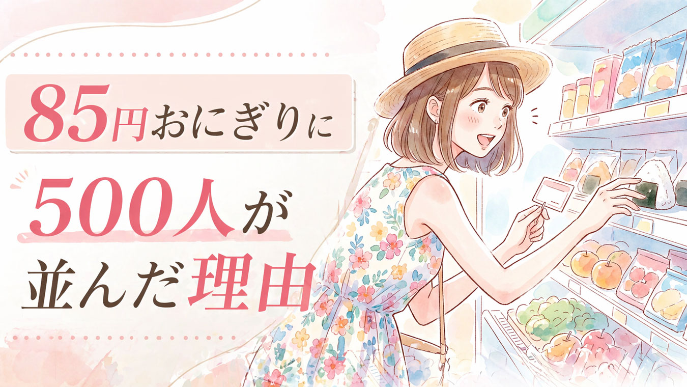 スーパーでおにぎりの値段を見て驚く女性のイラスト