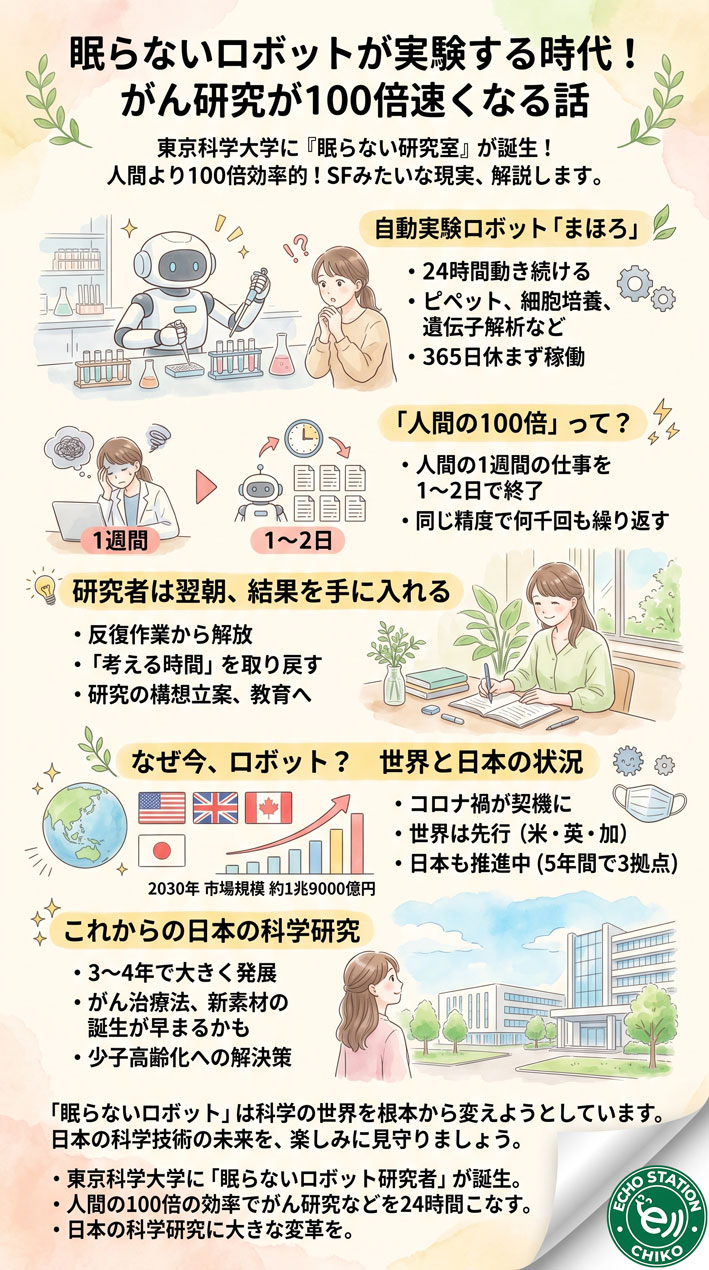 眠らないロボットが実験する時代！がん研究が100倍速くなる話 インフォグラフ