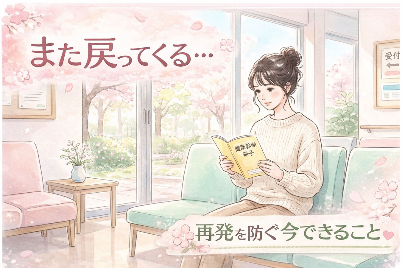 健康診断の冊子を手に、明るい病院の待合室で考える女性