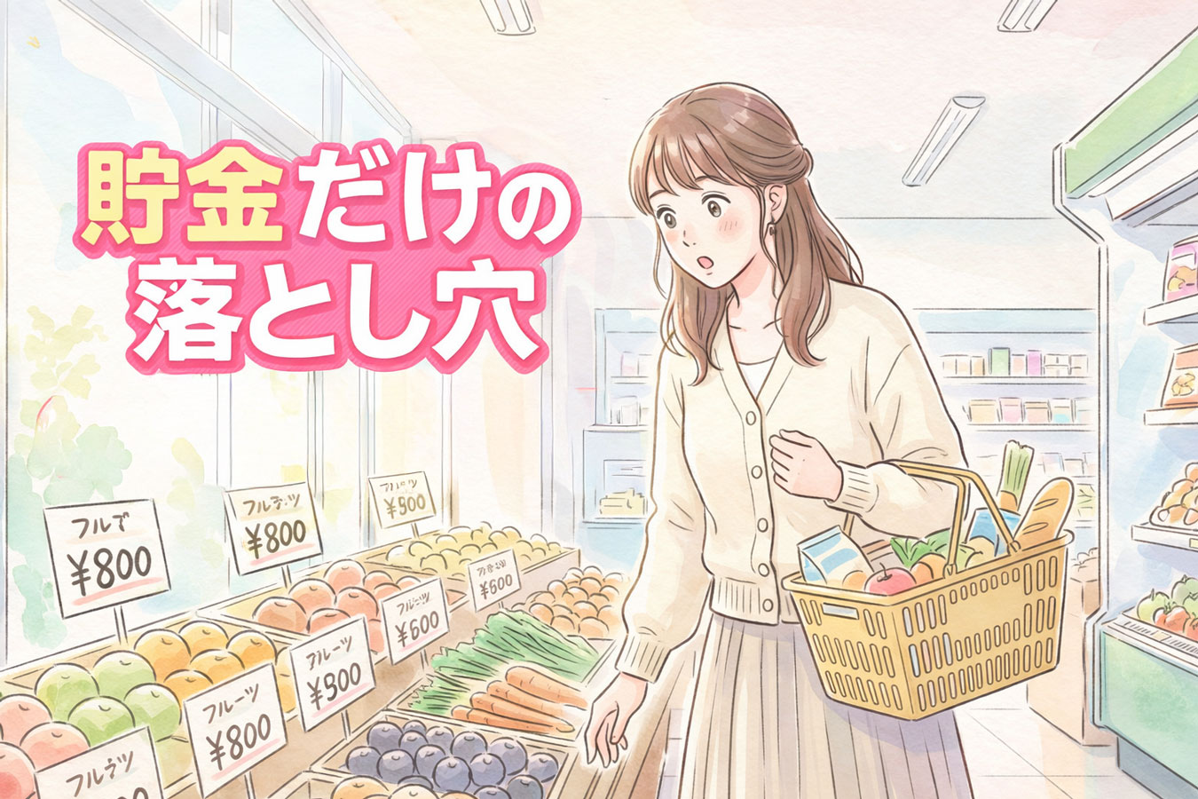 スーパーでお買い物中の女性 サムネイルには貯金だけの落とし穴