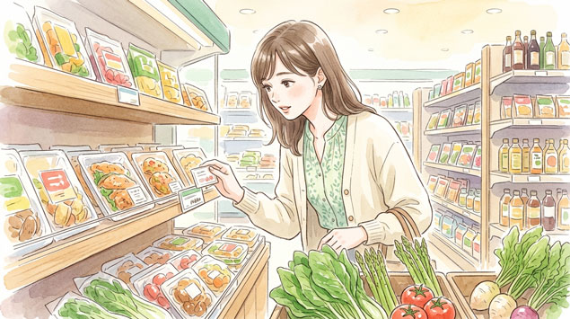 PIC6 | alt: スーパーの食料品コーナーで消費税のラベルを確認する女性のイラスト