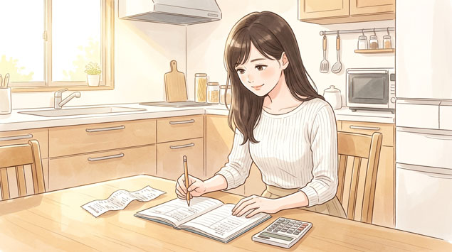 PIC5 | alt: 家計簿を開きながら食費を計算している女性のイラスト
