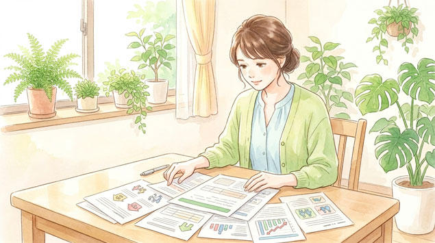 PIC4 | alt: 給付金や支援制度の書類を手にして考える女性のイラスト
