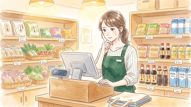 PIC3 | alt: レジシステムの画面を見て悩む女性店員のイラスト