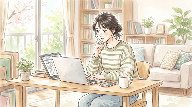  自宅でノートパソコンのニュースを読んで驚く女性のイラスト