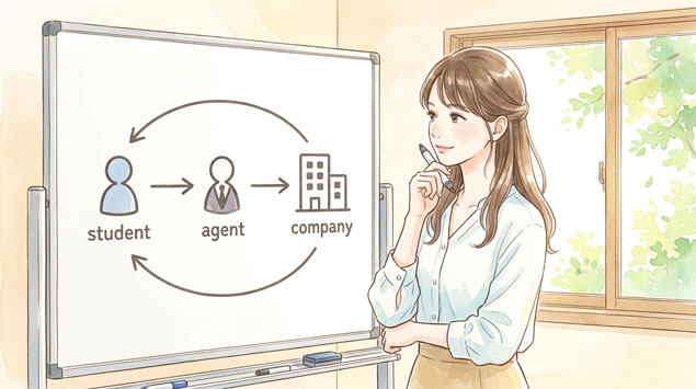 ビジネスの仕組みを示す矢印図を前に考える女性のイラスト