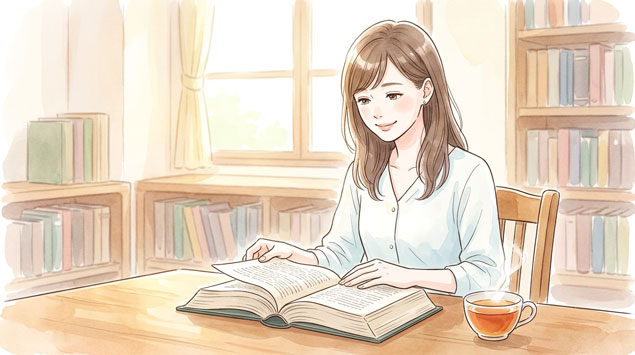 法律の本を開いて安心した表情の女性のイラスト