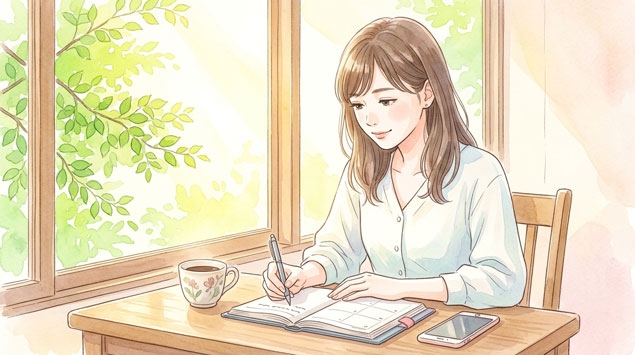 ノートにメモをとりながら就活の戦略を考える女性のイラスト