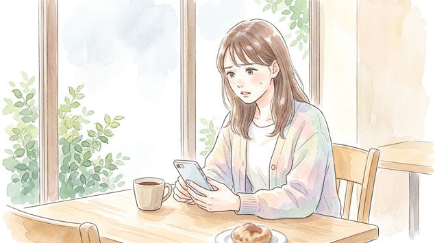PIC3 | alt: スマートフォンを前に困惑した表情で考え込む若い女性