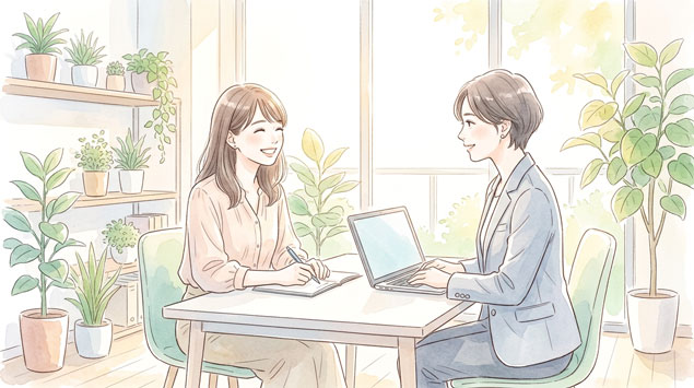 PIC2 | alt: 明るいオフィスで就活生にアドバイスをするエージェントのイラスト