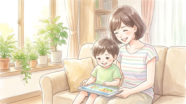 タブレットを一緒に見る親子