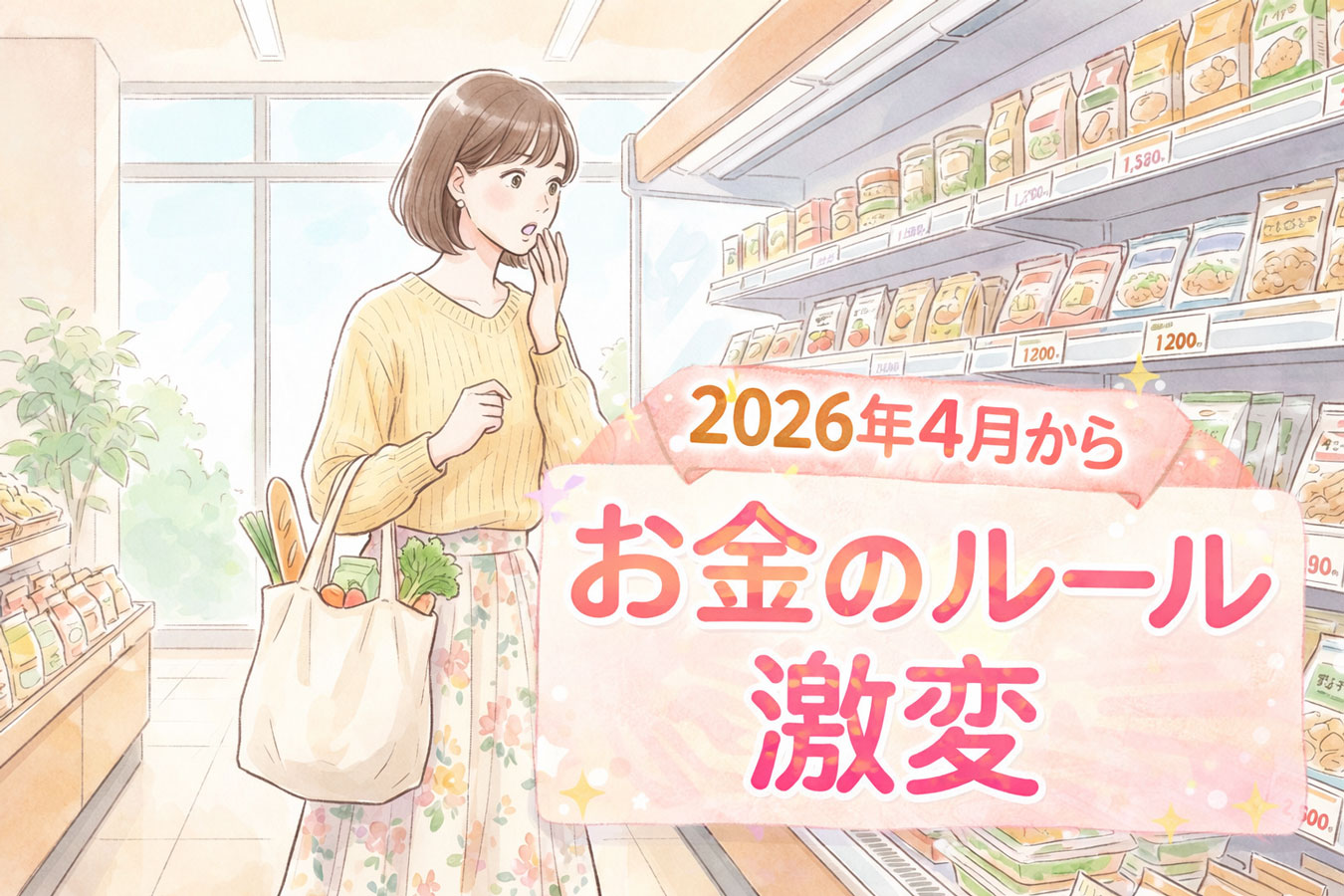 スーパーで食料品の値上がりに驚く20代後半の日本人女性 サムネイル お金のルール大激変