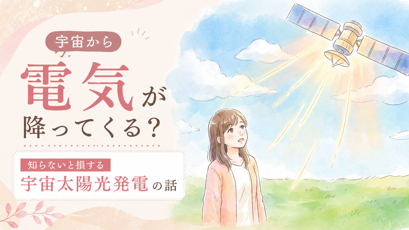 空を見上げる女性と宇宙太陽光発電のイメージ