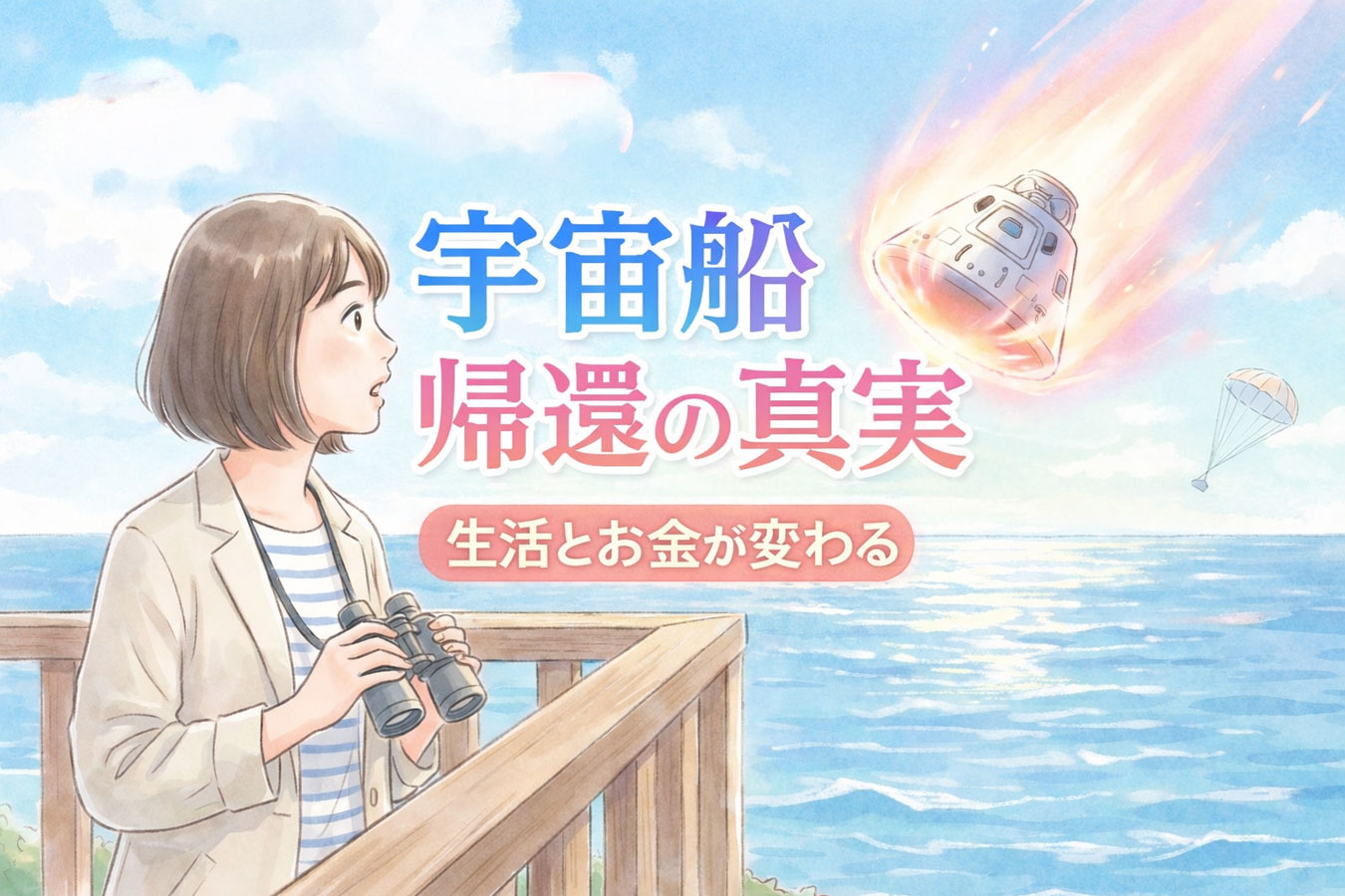 夜空を見上げる女性とスマートフォン