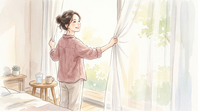 カーテンを開けて日光を入れる女性