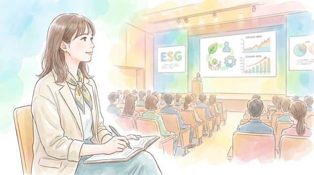 ESG説明会でサステナ情報を学ぶ女性