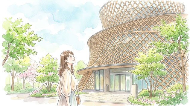 隈研吾設計、らせん状の外観 を見上げる女性