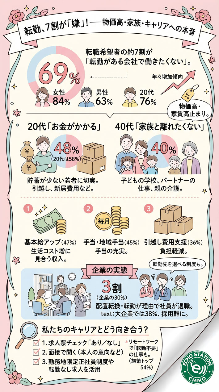 転勤がある会社、7割が嫌だと思っている理由——物価高・家族・キャリアへの本音 インフォグラフ