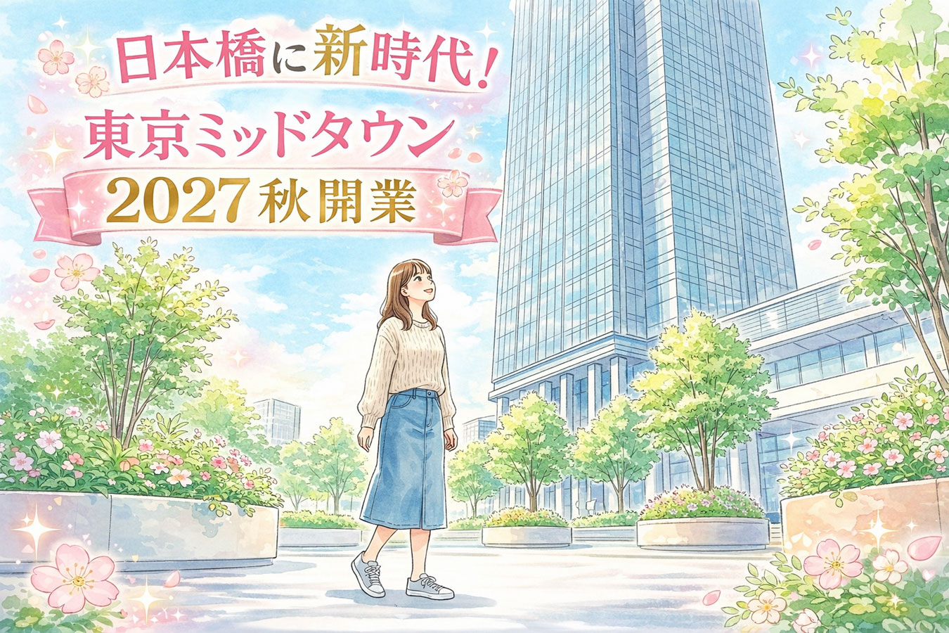 東京の高層ビルを見上げる日本人女性