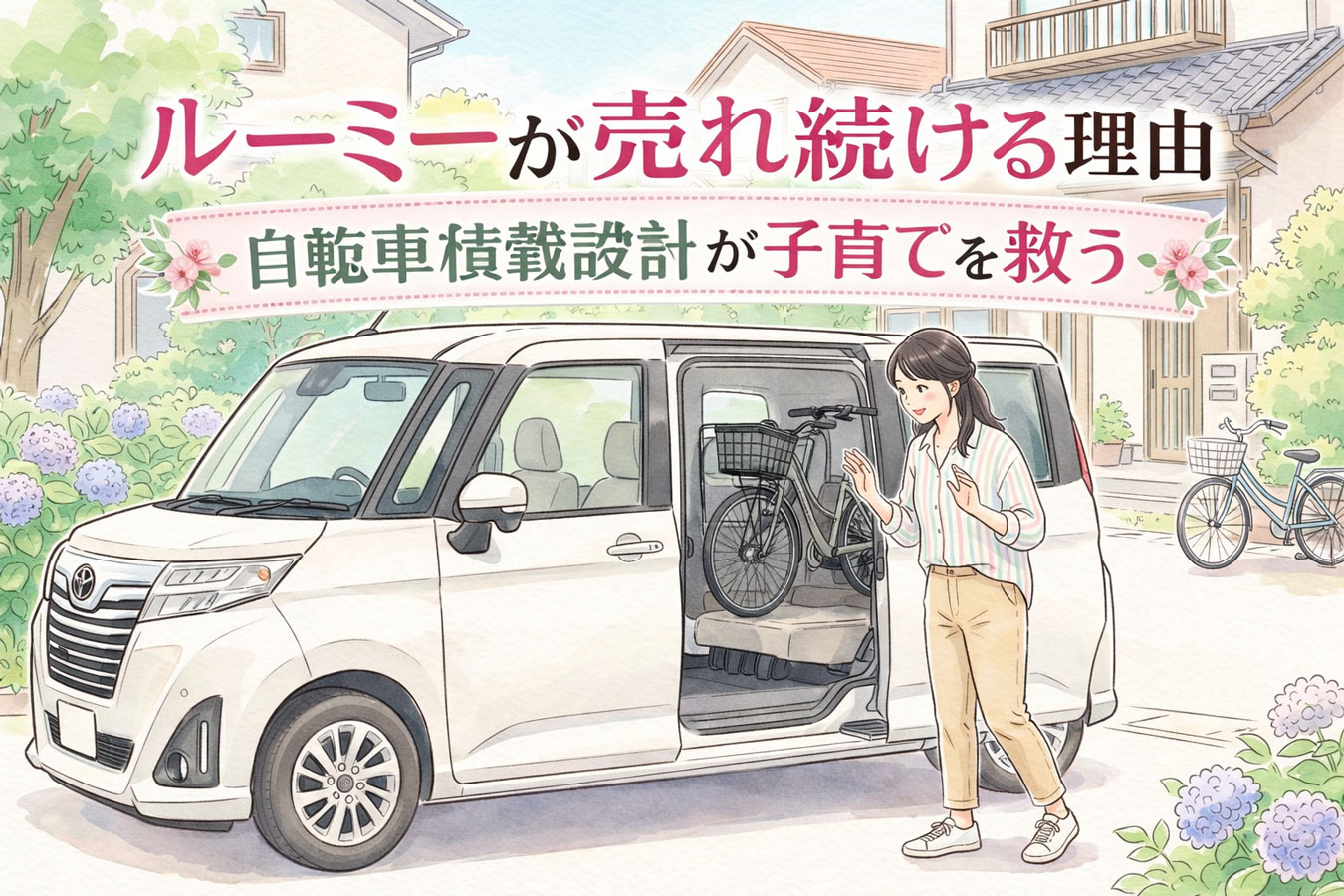 ルーミーのスライドドアの前に立つ女性と自転車