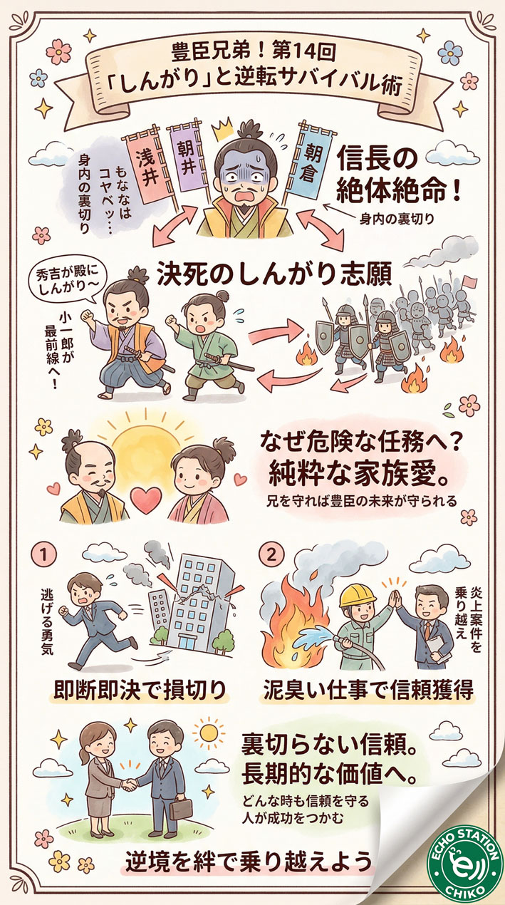 豊臣兄弟第14回！小一郎が生存率ほぼ0％の任務を選んだ理由と、私たちのピンチを救う逆転術 インフォグラフ