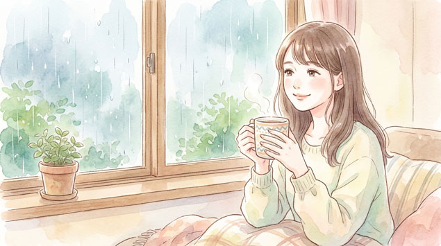 窓の外の雨を見ながらお茶を飲んでほっとしている女性