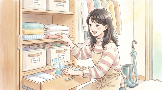 棚の整理や掃除をしている女性のイラスト