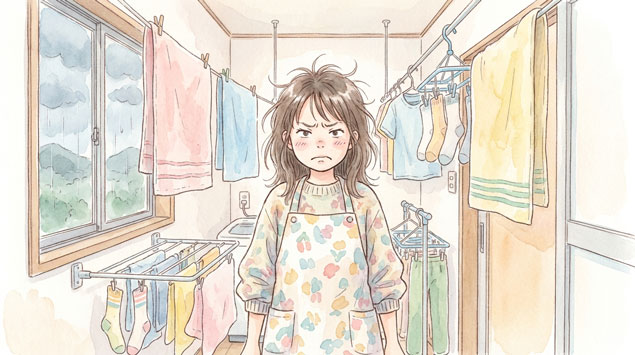 洗濯物が乾かずに困った顔をしている女性のイラスト