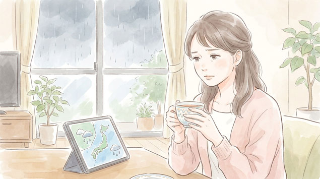 気象予報のニュースを見て少し心配そうな表情の女性