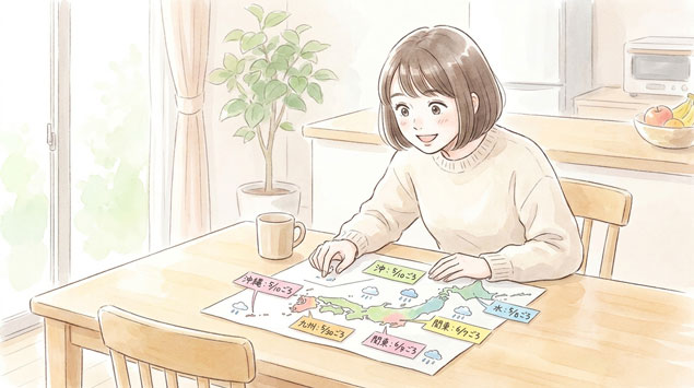  日本地図と各地域の梅雨入り時期を示す表を見ている女性