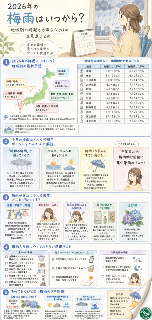 2026年の梅雨はいつから？地域別の時期と今年ならではの注意点まとめインフォグラフ
