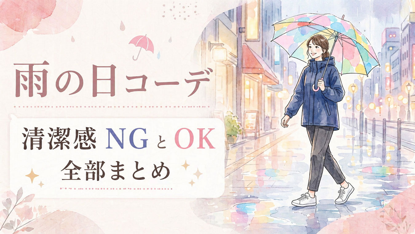 雨の日に傘をさしておしゃれなコーデで歩く女性のイラスト