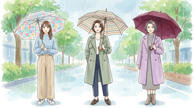年代の異なる女性たちが雨の日に傘をさして並んでいるイラスト