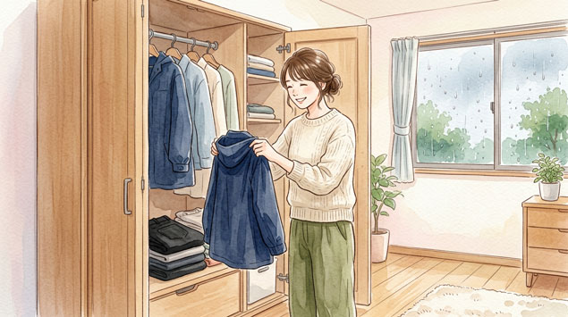 クローゼットに梅雨向けのアイテムを整理している女性のイラスト