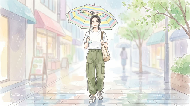 撥水加工のカーゴパンツとシンプルなトップスを着た女性のイラスト