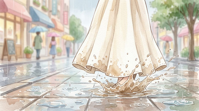  雨で裾が泥はねで汚れたフレアスカートのイラスト