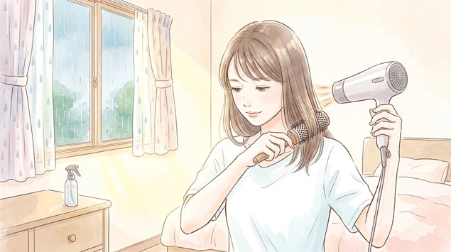 PIC4 | alt: ドライヤーで髪を丁寧にブローする女性のイラスト