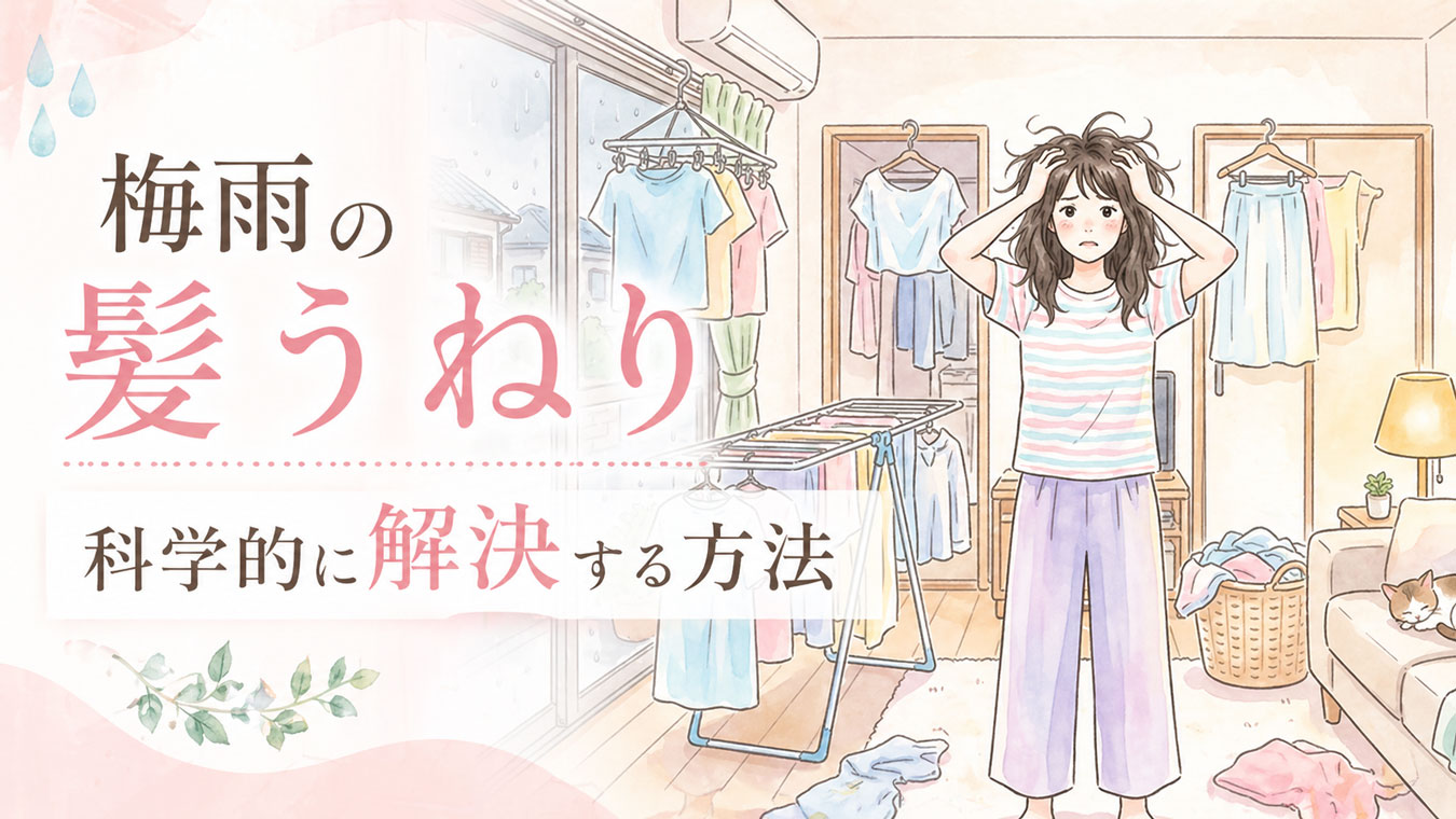 梅雨の湿気で髪がうねり悩む女性のイラスト