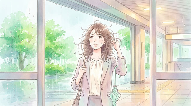 梅雨の湿気で髪がうねり悩む女性のイラスト