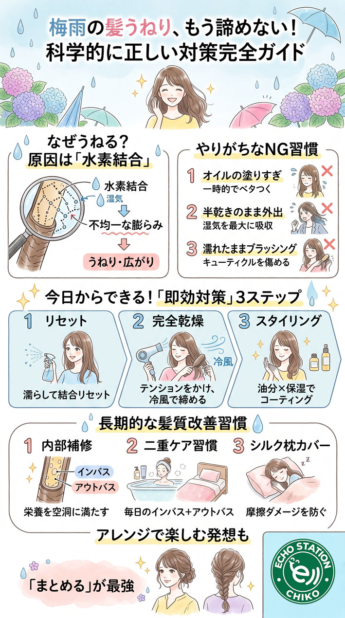 梅雨の髪うねり、もう諦めない！科学的に正しい即効＆長期対策の完全ガイド インフォグラフ