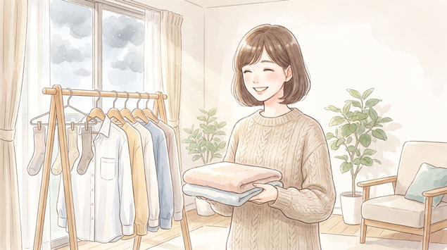 梅雨の日に快適そうに家事をしている女性のイラスト