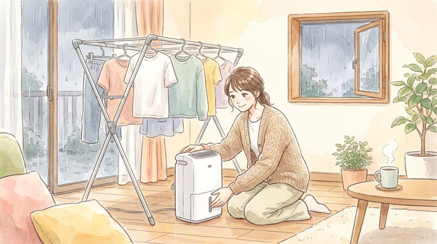 除湿機を洗濯物の近くに置いて乾燥させている部屋のイラスト