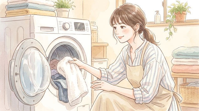 洗濯機に乾いたバスタオルを追加投入する女性のイラスト