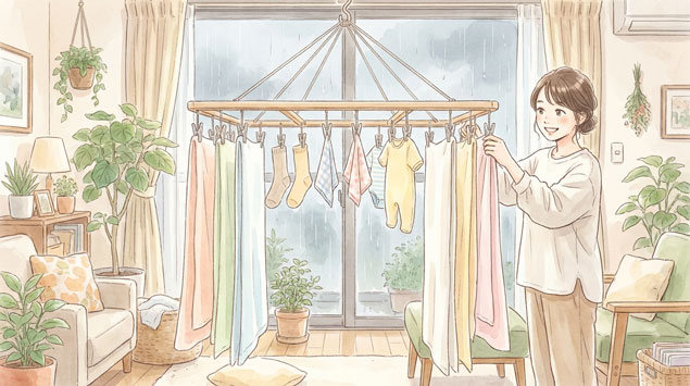  アーチ干しで角ハンガーに洗濯物を干している女性のイラスト