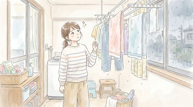 内に洗濯物を干して困っている女性のイラスト